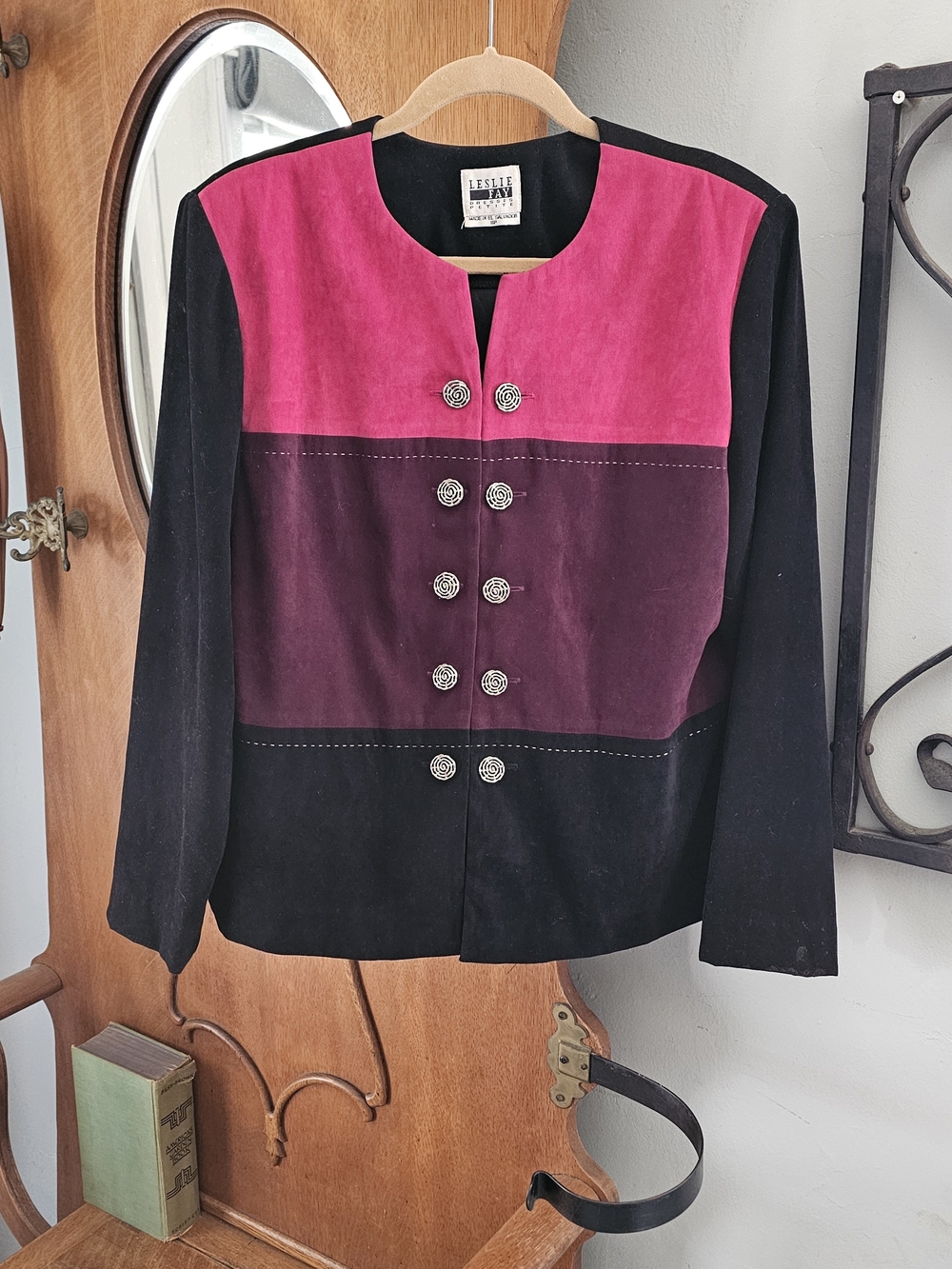 Vintage Leslie Fay Petite Colorblock Jacket Pink Burgundy Black Spiral Buttons